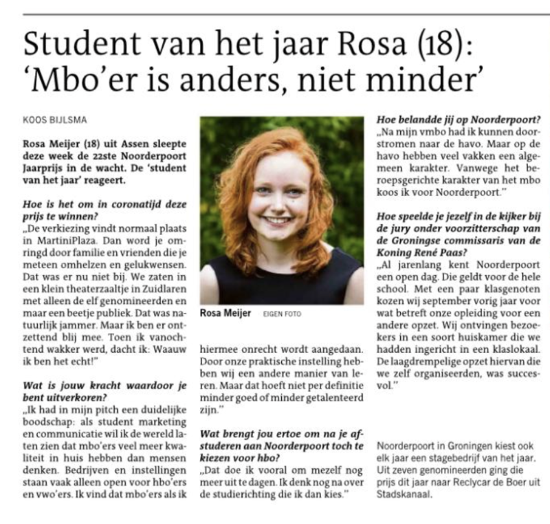 Rosa in de krant na de winst van de Noorderpoort Jaarprijs 2020.